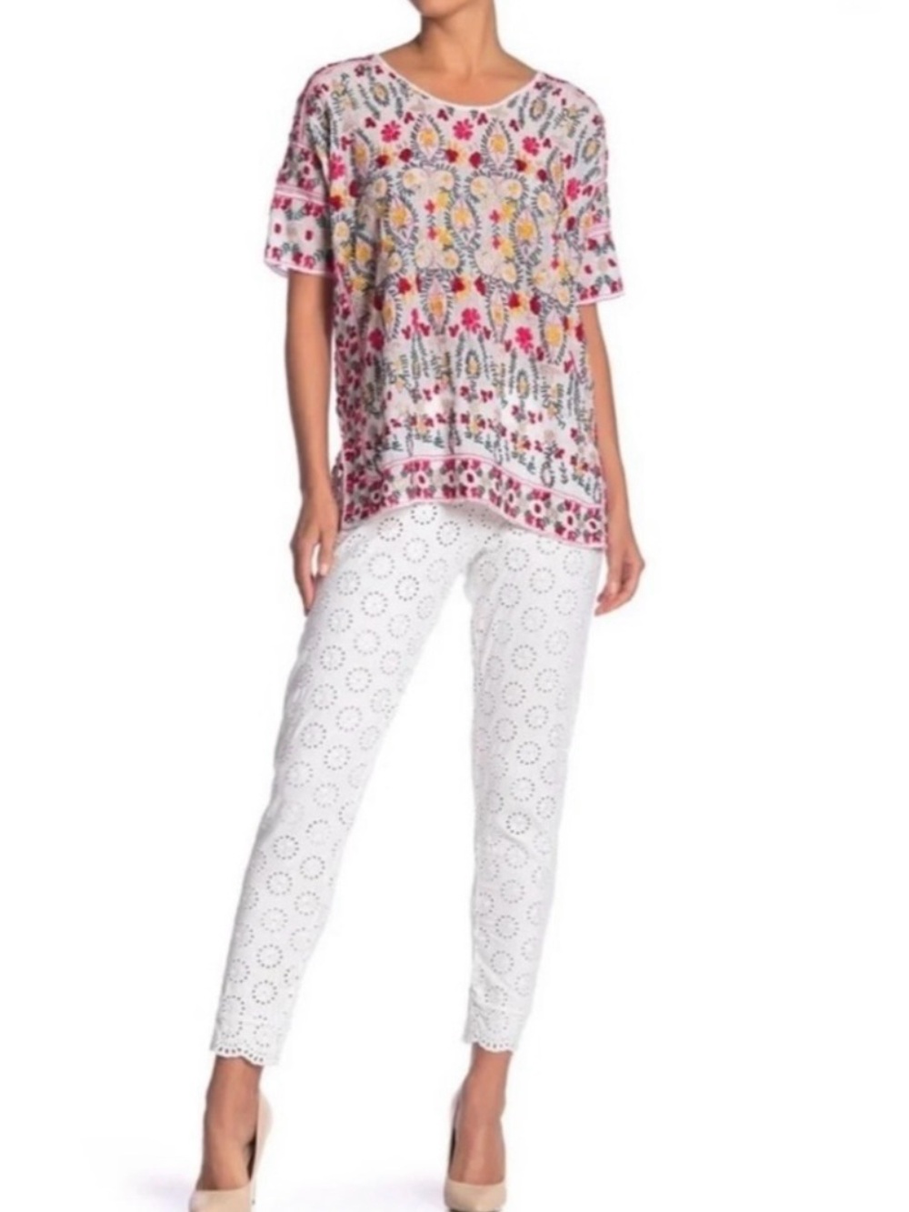 Johnny Was White Eyelet Embroidered Cotton Scalloped Leggings Coastal Boho